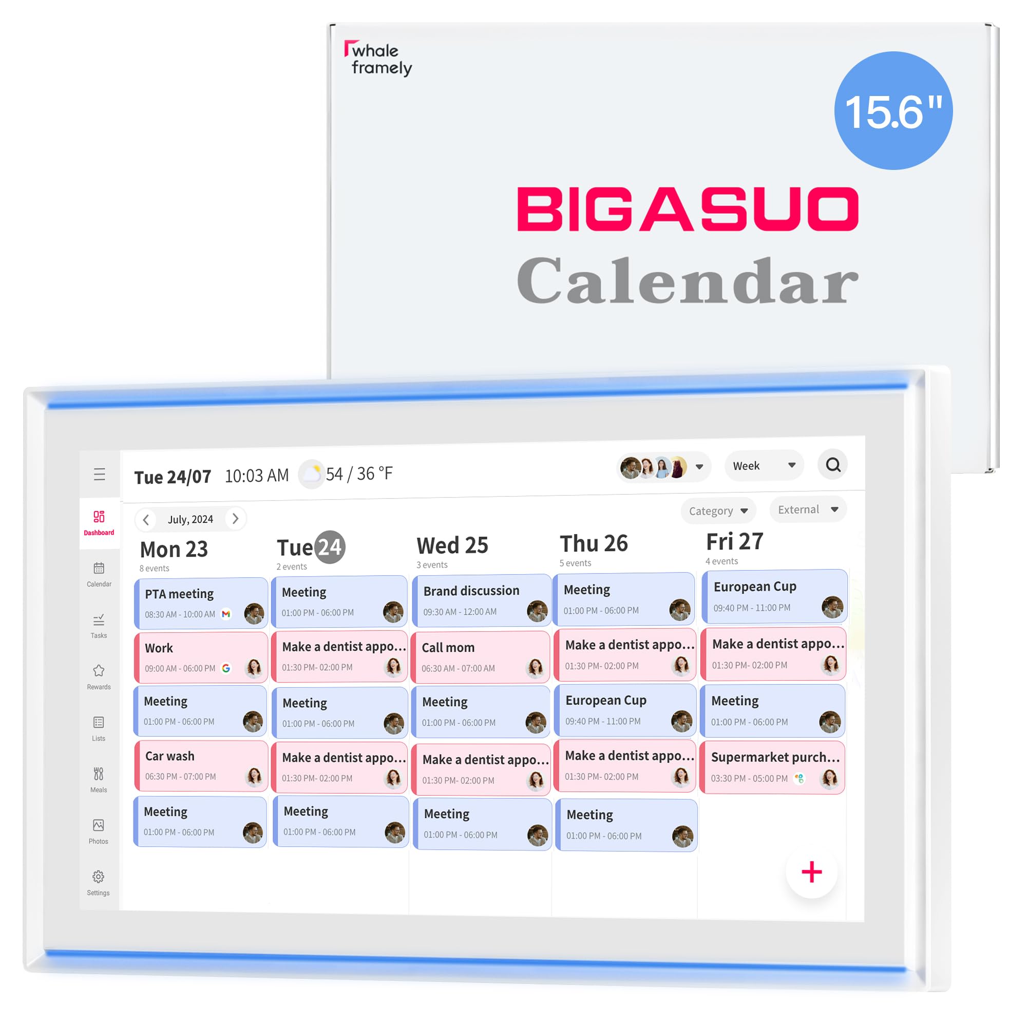 BIGASUO 15.6" Digital Calendar, Full HD Touchscreen Smart Planner-with Task & Reward Meal Plan Great for Family Schedules& Chore Organization, Wall&Desk Mount with LED Reminder Light,Photo Display