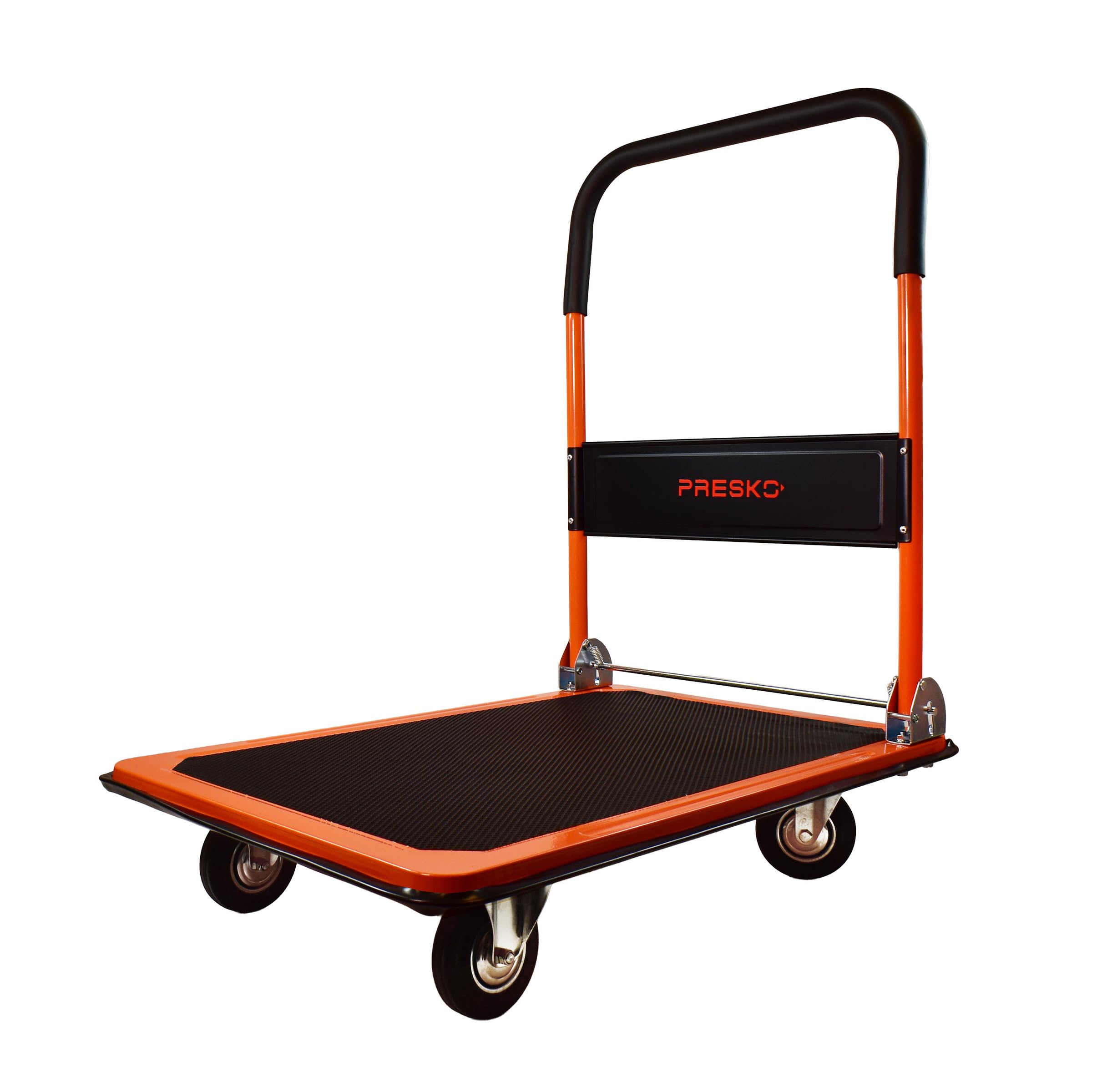 Plattformwagen klappbar bis 150 kg, Transportwagen für Lager, Werkstatt & Büro, Magazinwagen mit Rutschfester Oberfläche, gummierten Rädern & Stahlfelgen, 73 x 48 x 86 cm, Orange/Schwarz