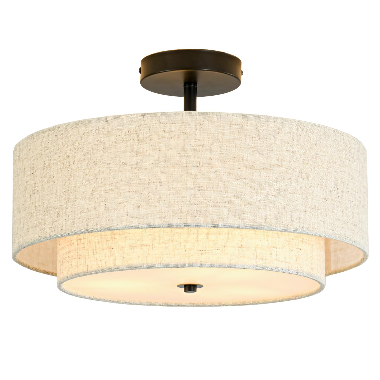16" Semi Flush Mount Ceiling Light, 3-Light Drum Ceiling Light Fixture with 2-Tier Fabric Linen Shade, Farmhouse Chandelier for Dining Room, Living Room, Bedroom, Kitchen, Hallway, Entryway