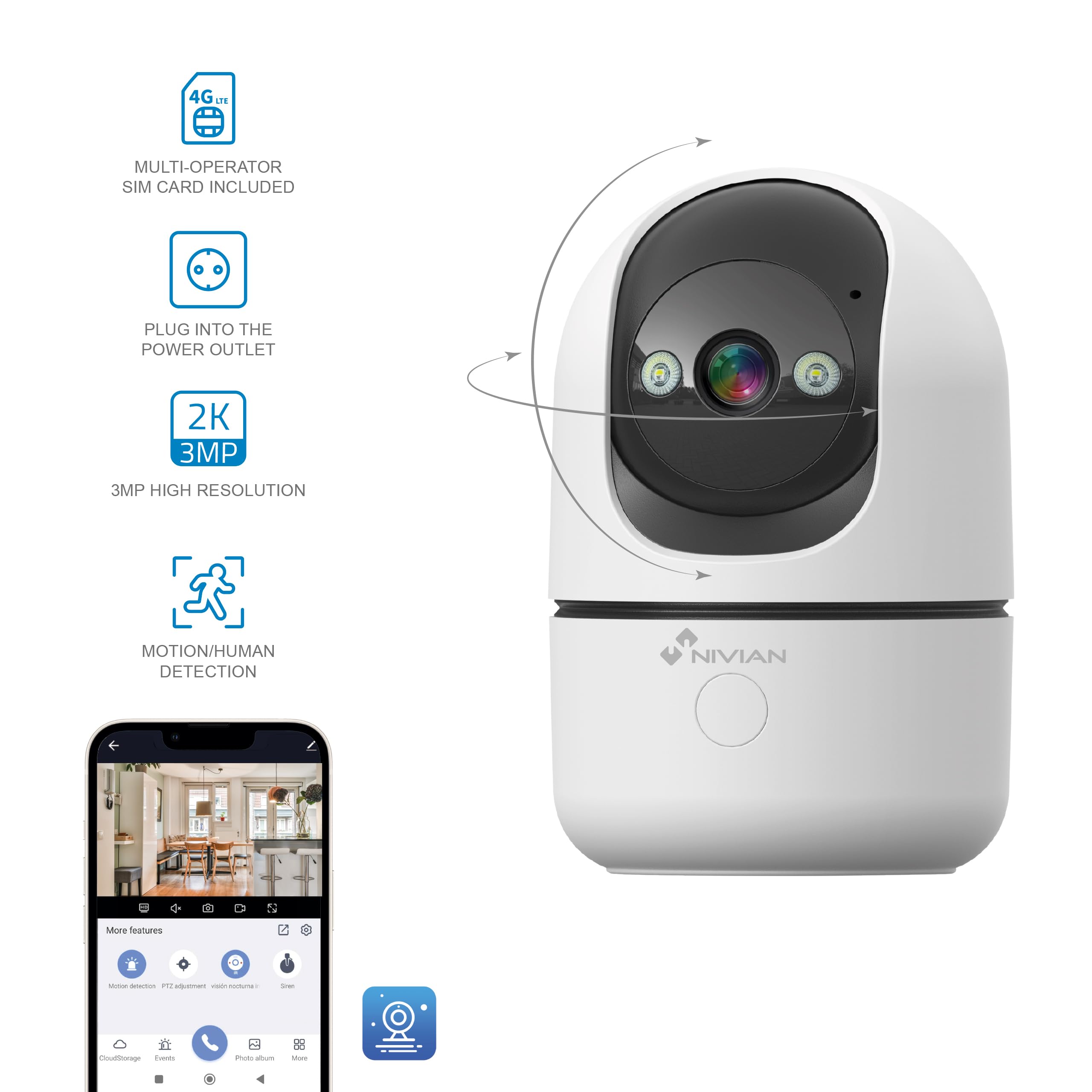 NIVIAN Caméra IP 4G Intérieure 3MP 2K avec Carte SIM Incluse – Caméra de Surveillance sans WiFi, Détection Humaine IA, Vision Nocturne, Audio Bidirectionnel, Suivi Automatique, Rotation