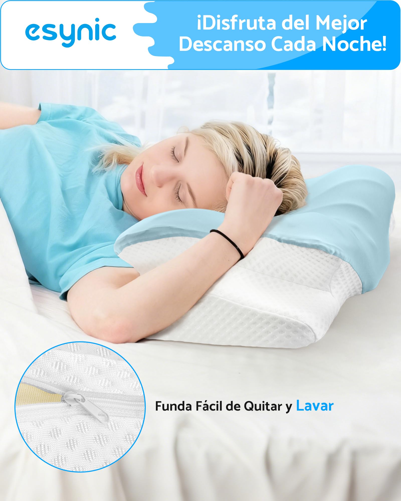 eSynic Almohada Viscoelástica Ergonómica para Cuello y Cervical Cojín Ortopédico de Espuma de Memoria con Doble Altura 11/13 cm Almohada para Dormir de Lado y Boca Arriba Funda Transpirable y Lavable
