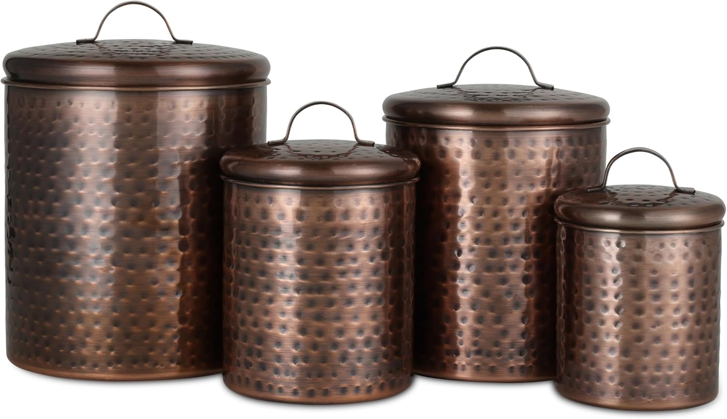 BIRDROCK HOME 4pc Canister Set | Hammered Antique Copper | Airtight Lid | Farmhouse Décor | Rustic Metal Storage Canisters for Kitchen Countertop