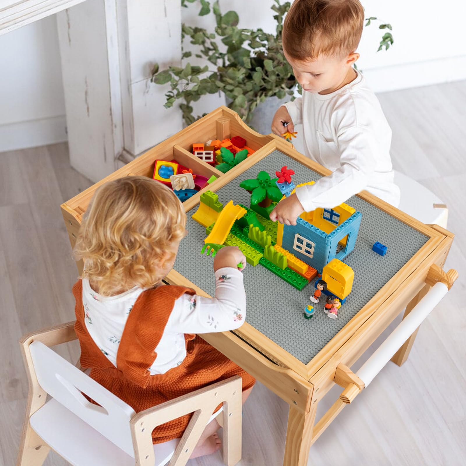 GOPLUS Table d'activités 2 en 1 avec plateau réversible, table de construction pour enfants de 3 ans et plus avec espace de rangement classé, table de jeu en bois avec barre latérale, 86,5 x 60 x 57
