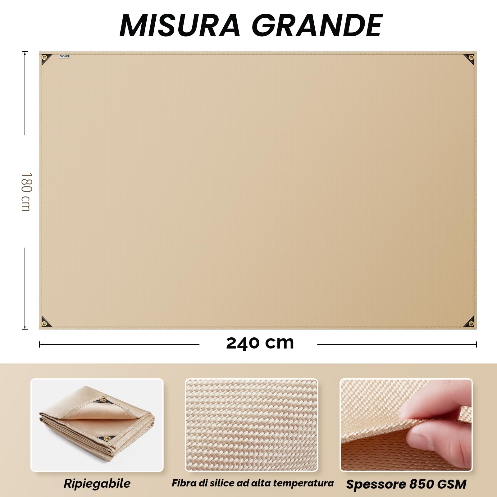 Coperta per saldatura in fibra di vetro resistente, coperta resistente al calore con occhielli in ottone, tappetino per saldatura multiuso per grill, campeggio, uso industriale (180x240 cm)