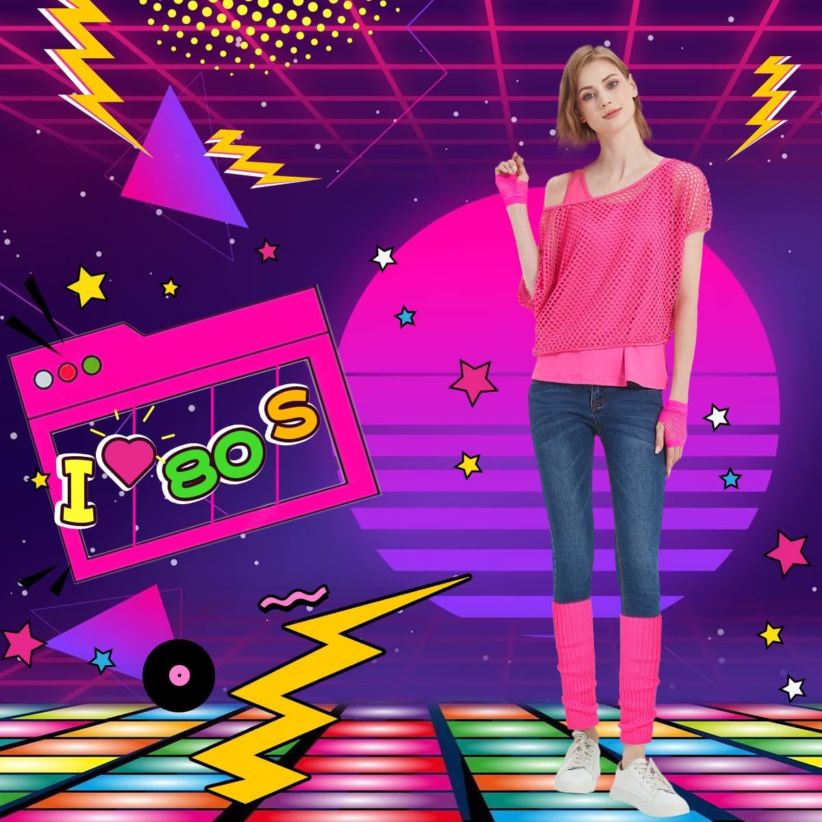 WILDPARTY Women Casual Sexy 80s Costumes Fishnet Neon Off Shoulder T-Shirt - Image 6