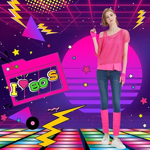 Miniatura 6 de WILDPARTY Camiseta casual sexy de los años 80 para mujer, diseño de red de neón con hombros descubiertos