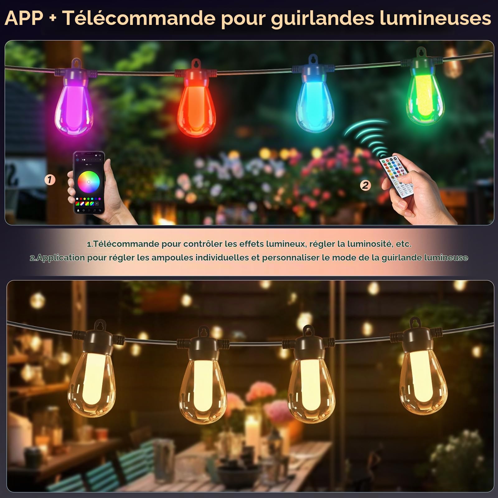 Guirlande lumineuse de 15 m pour l'extérieur/l'intérieur, réglable, RGB, plus de 1000 modes pour les fêtes, terrasses, brasseries en plein air, pavillons, balcons, jardins, Halloween, Noël (APP)