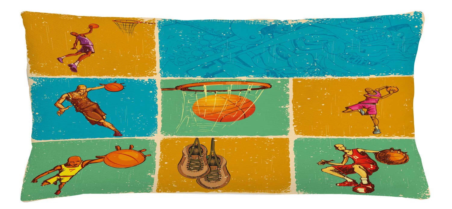 Lunarable Sports Throw Pillow Cushion Cover, Grungy Collage of Different Basketball Positions Abstract, Decorative Rectangle Accent Pillow Case, 36