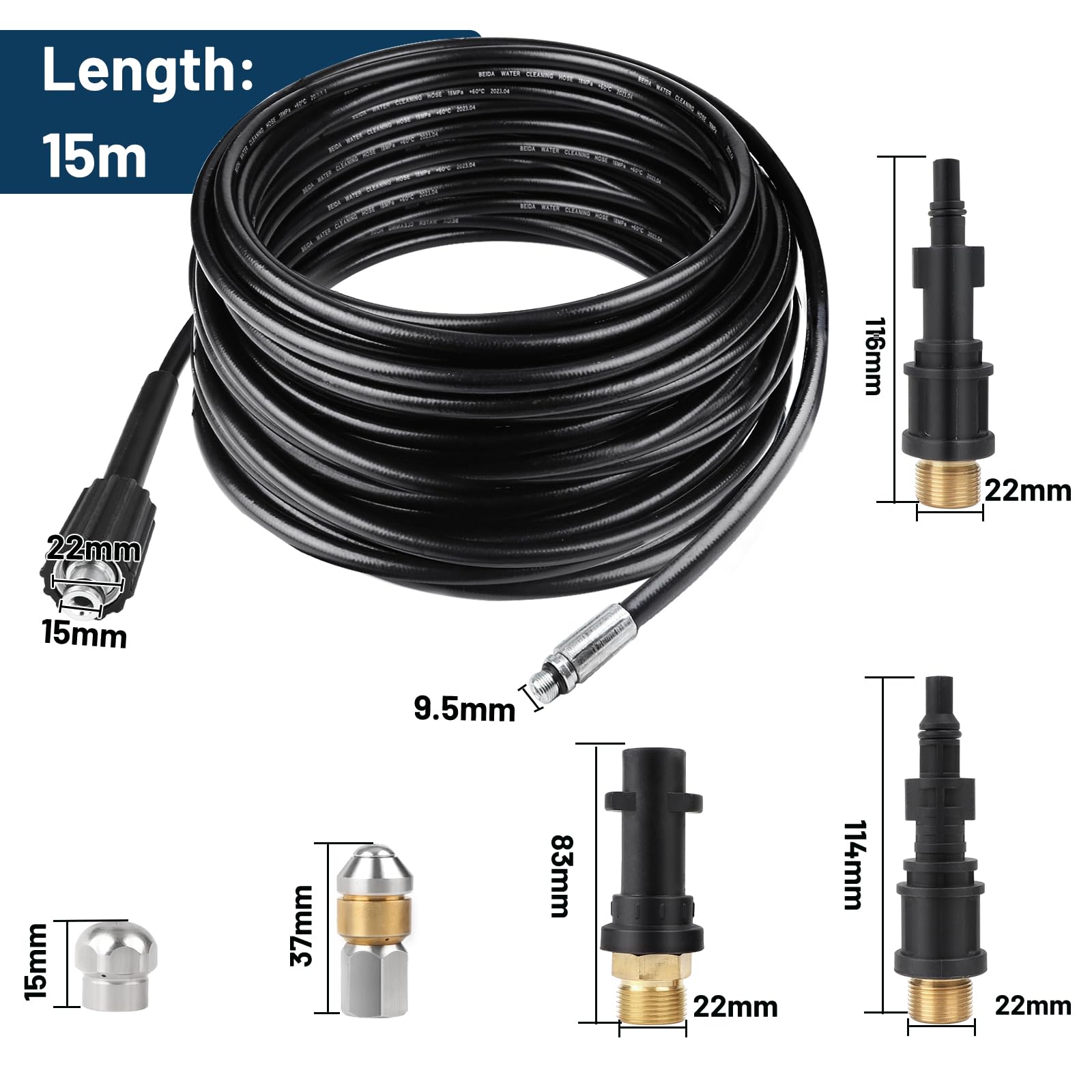 SWAWIS 15M Manguera Limpieza Tuberías Manguera Hidrolimpiadora 180 Bar Manguera Desatascador Tuberias a Presion con 2 Boquillas 3 Adaptadores para Kärcher K2 - K7 Lavor Parkside Bosch
