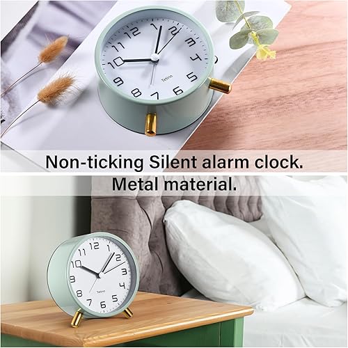 Miniatura 5 de Reloj despertador analógico, retro de metal, silencioso, sin tictac, con luz nocturna, funciona con pilas, diseño simple, para dormitorios, mesita