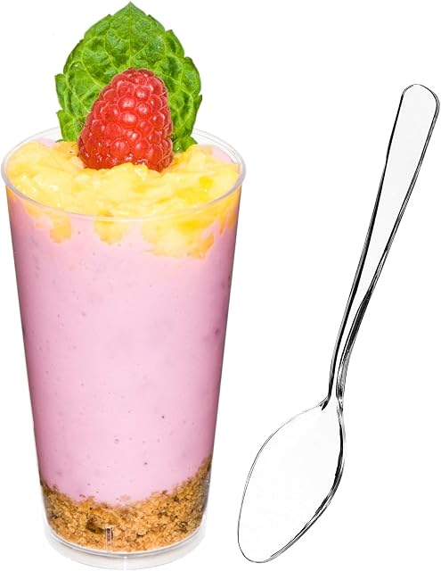 DLux 50 x 3 oz Mini Dessert Cups with Spoons, Shooter - Clear Plastic Parfait Appetizer Cup - Small re-usable Shot Glass for Tasting Party Shooters Desserts Appetizers - with Recipe Ebook