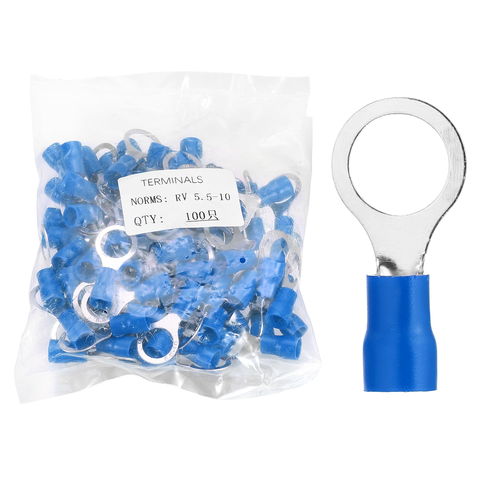 sourcing map 100pcs Terminals Ring Connectors #3/8" Tinned Copper Insulated Ring Crimp Terminals 12-10 Gauge for Electrical Industrial Chemical Project, Blue