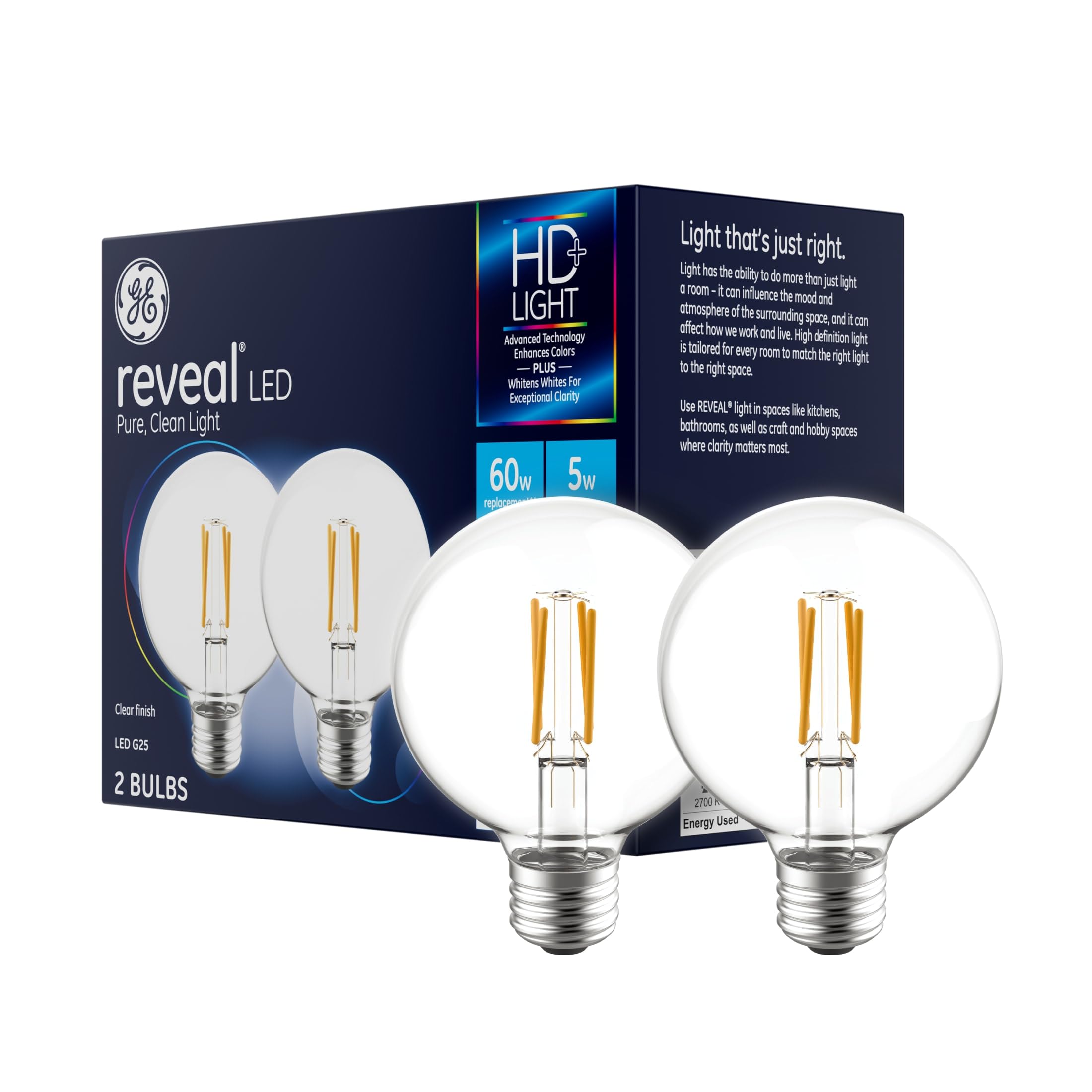 Reveal LED Light Bulbs, 60 Watt, G25 Globe Bulbs, Medium Base (2 Pack)