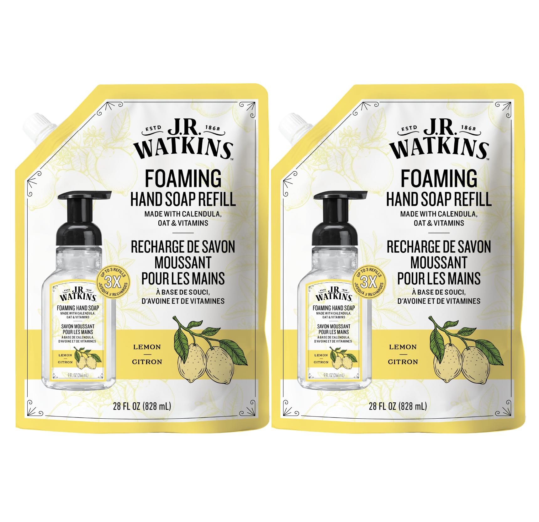 Photo 1 of ***A container spilled; it is*** INCOMPLETE.****J.R. Watkins Foaming Hand Soap Refill, Moisturizing Foam Hand Wash, Formulated with Plant-Based Cleansers, Alcohol-Free, Cruelty-Free, Lemon, 28 fl oz, 2 Pack