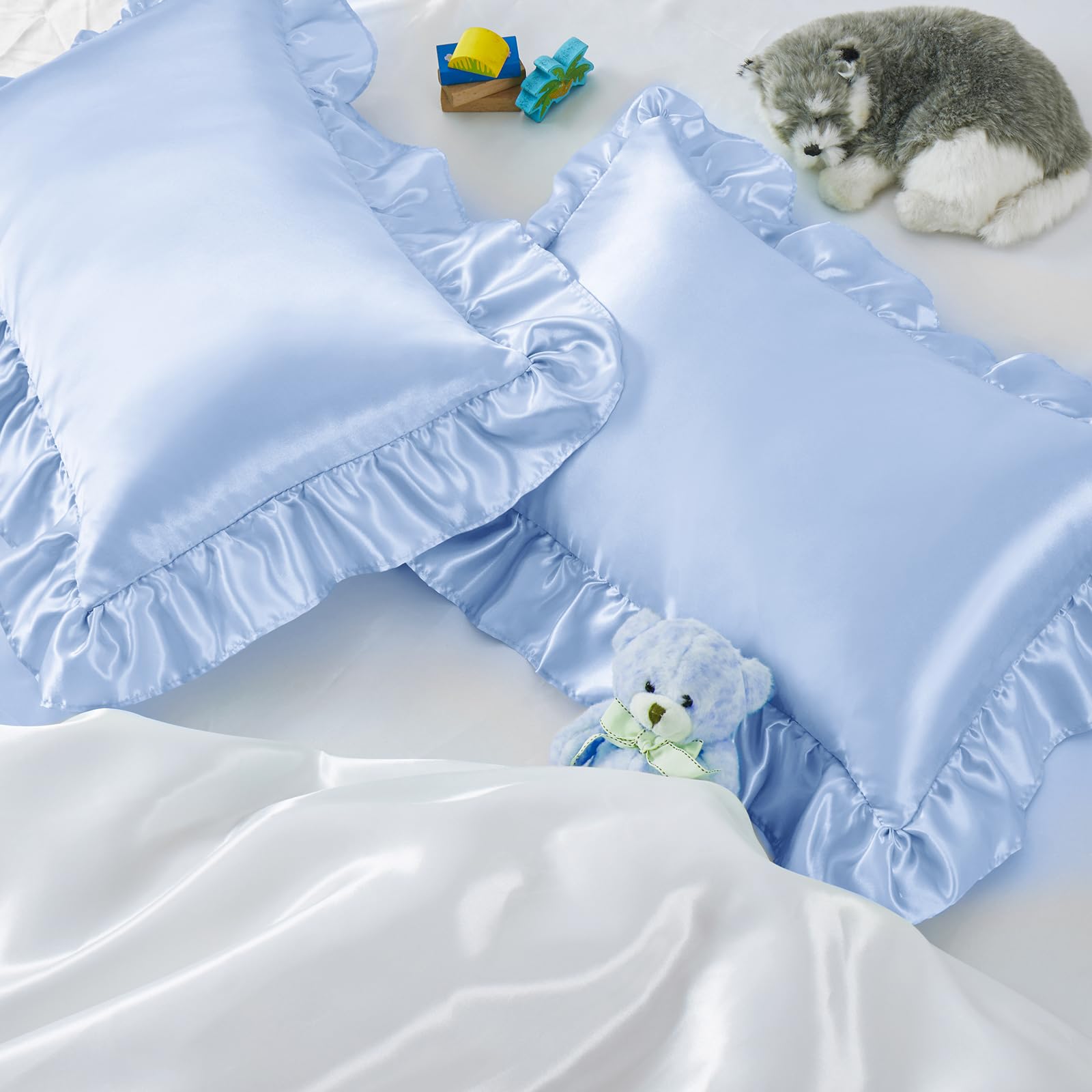 Entisn Ruffle Satin Toddler Pillowcase Set of 2, 14 x 20 Inch Toddler Silky Pillow Shams with Envelope Closure, Anti Wrinkle Soft Nursery Bedding for Girls, Boys (Baby Blue)