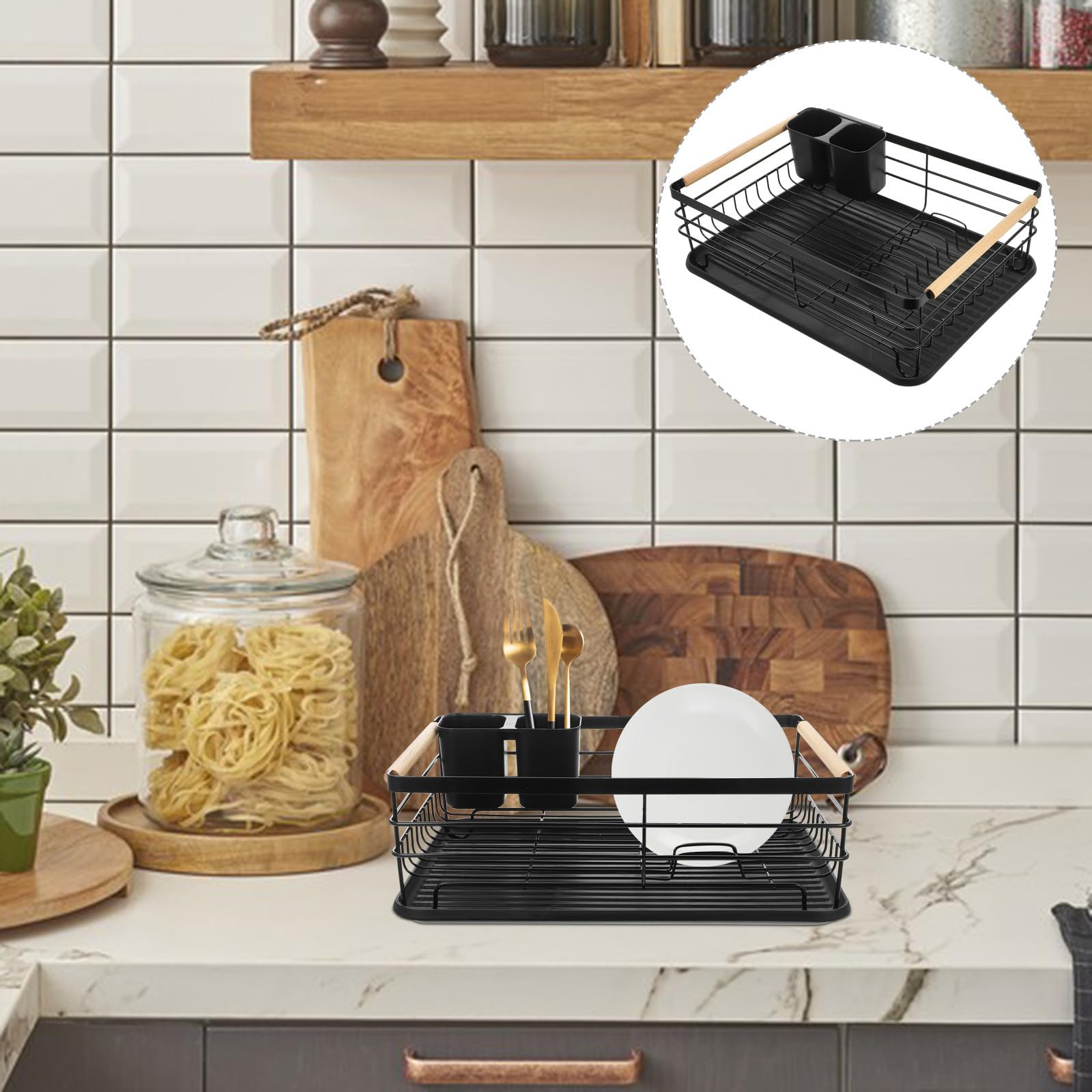 Escurridor Gran Capacidad y Bandeja de Drenaje Extraíble Organizador Multifuncional de Platos de Hierro Negro para Encimera de Cocina para Platos y Cubiertos