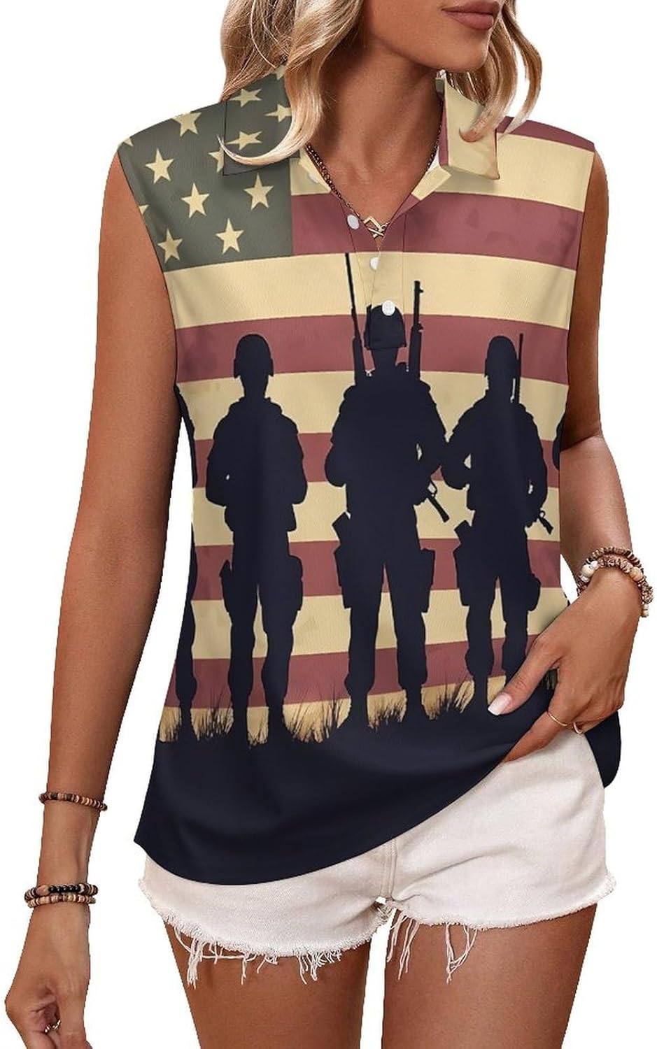State U.S Flag Military Soldiers Army Womens Golf Shirts Print Polo Shirt Sleeveless Tank Top Casual Work Blouses