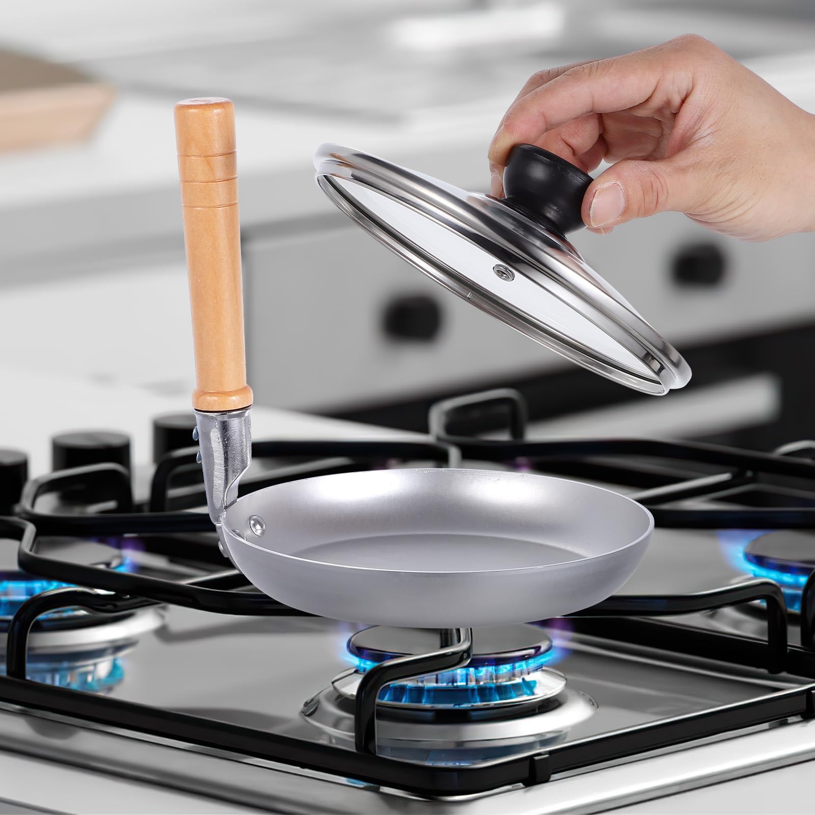 NUOBESTY Padella Tamagoyaki Giapponese Argento in Acciaio Inossidabile | Manico Verticale in Legno, Formato Compatto, per Piano a Gas, Uso Casa e Cucina Professionale