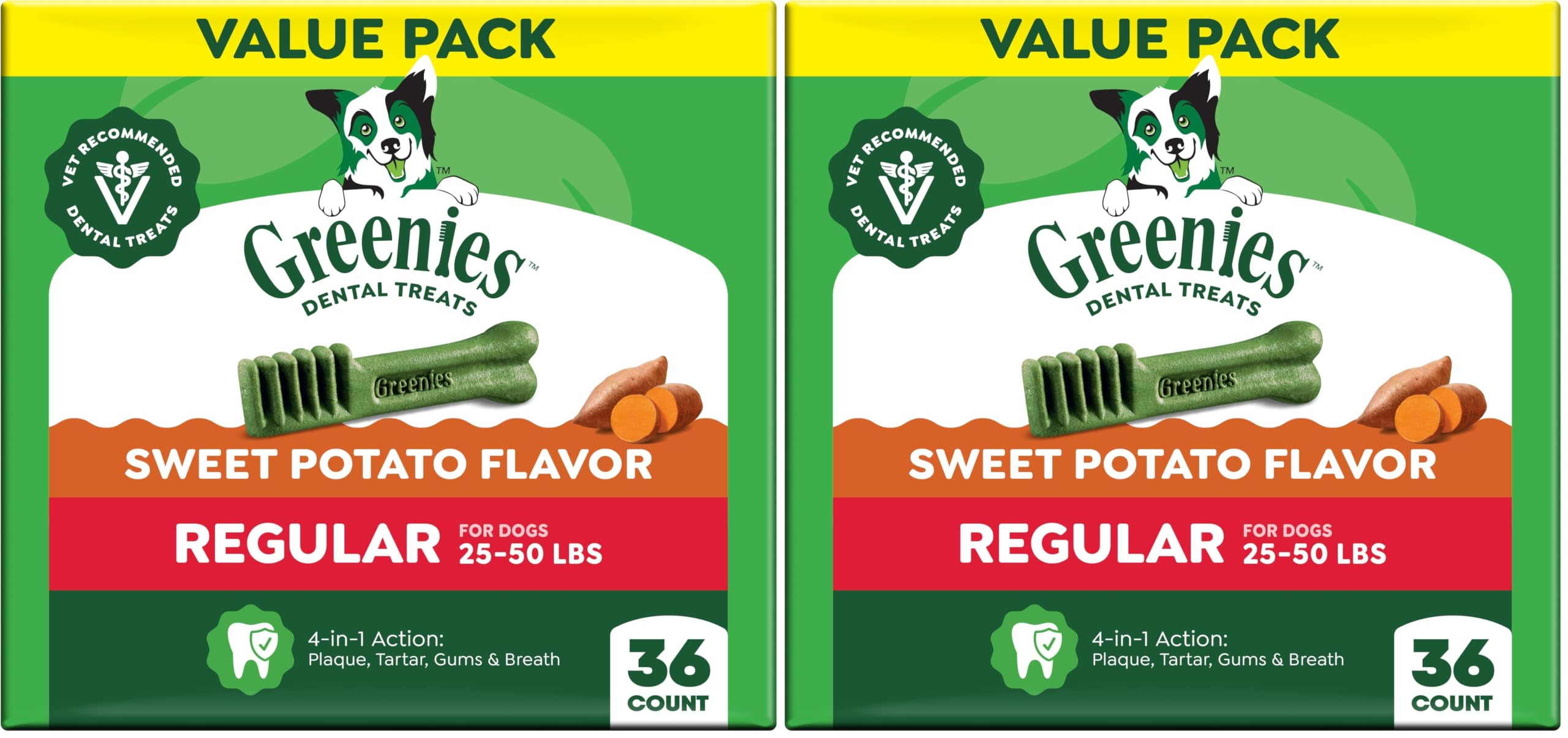 Greenies Veterinarian-Recommended Natural Dental Dog Treats,Dental Chews for Dogs,Regular Size,Sweet Potato Flavor,36 oz,36 Count (Pack of 2)