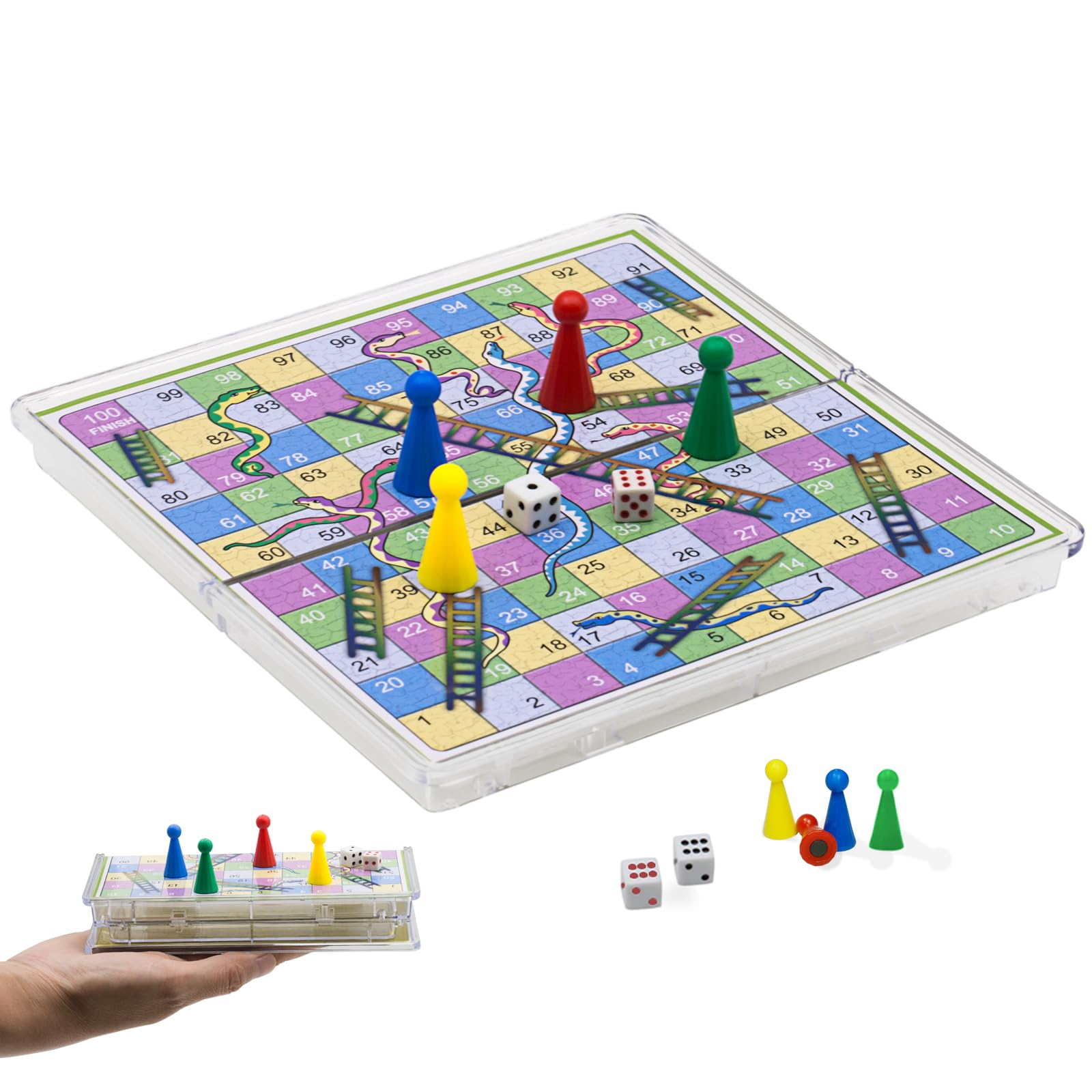 KOKOSUN Snakes and Ladders Travel Board Game Set -15 Centimeters, Mini Magnetic Folding Portable Traditional Game for Kids - Pocket Crystal Style
