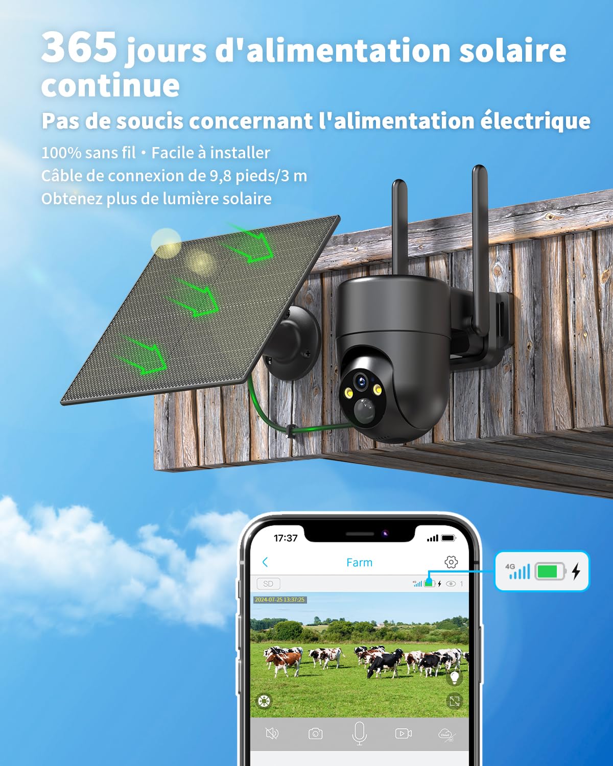 SEHMUA 4G LTE Camera Surveillance Solaire avec Carte Sim, 2K Exterieure | Camera sans Fil inclinable à 355°/90°,Détection Humaine PIR Alarmes de Zones Personnalisées, Étanchéité IP66