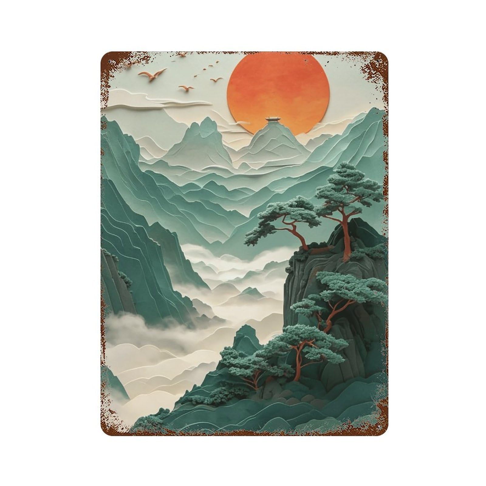 WIHYRTUI Eastern Tiered Misty Peak Sunset Motif 04 Wall Retro Iron Metal Tin Sign Vintage Art Poster Modern Home Cofffee Club Art Bar Shop Decor Style 40x30cm