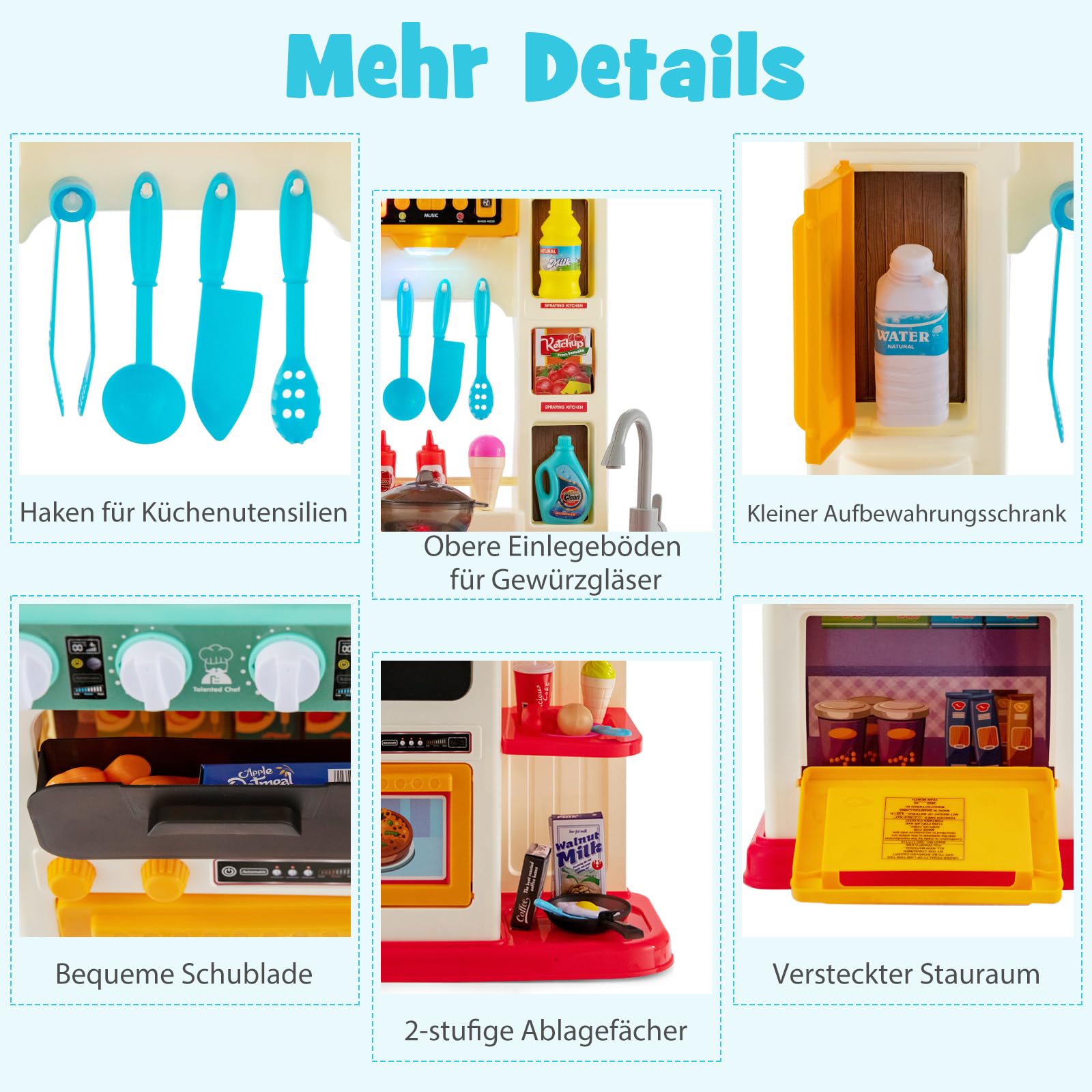 COSTWAY 65 TLG. Kinderküche mit Lichter, Musik und Sound, Spielküche inkl. Zubehör, Kinderspielküche mit Wasserpumpe, Spielzeugküche für Kleinkinder ab 3 Jahren (Rosa)