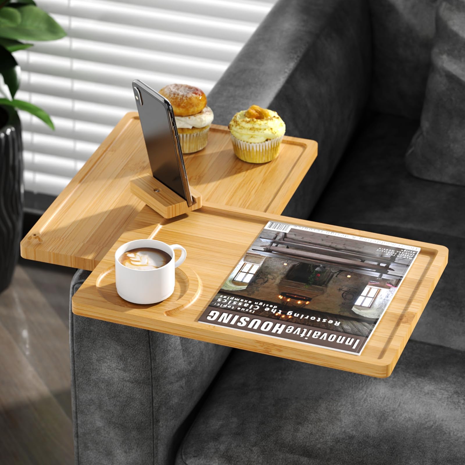 Amazon.com: NiHome 2 Tier Bamboo Couch Armrest Table Tray Rotatable ...