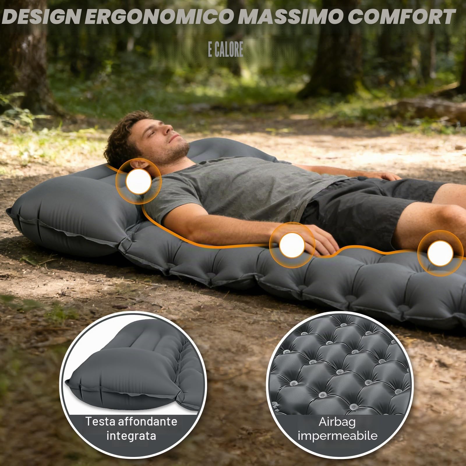 Materassino Campeggio Autogonfiante, Ultraleggero Materasso Gonfiabile Campeggio con Cuscino, Portatile Materassino Autogonfiabile per Escursionismo, Trekking, Tenda(Grigio)
