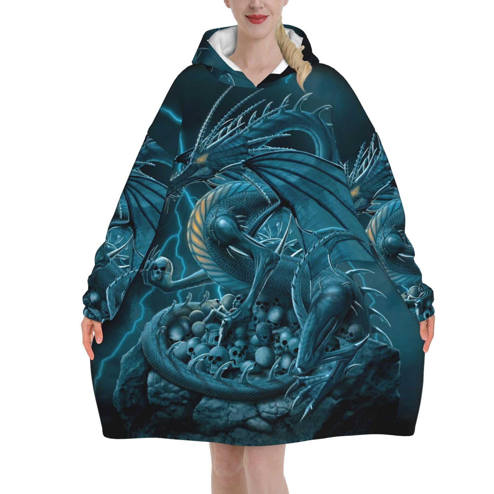Jmorco Skull Dragon Blanket Hoodie Oversized Wearable Hooded Blanket Warm Throw Blanket Sweatshirt For Women Men Teens 280g Flannel