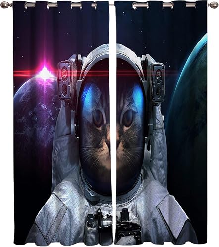 FortuneHouse Blackout Curtains Thermal Insulated Cat Astronaut in Outer Space Solid Pattern Metal Grommet Elegant Room Drapes Window Curtain for
