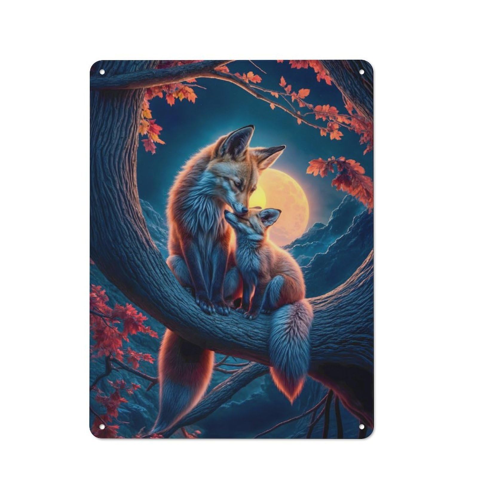 Bistro Style Moonlit Fox Family Embrace Decorative Metal Plaque 40x30cm, Bistro Wall Plaque for Tea Room, Shop Wall Or Breakfast Area