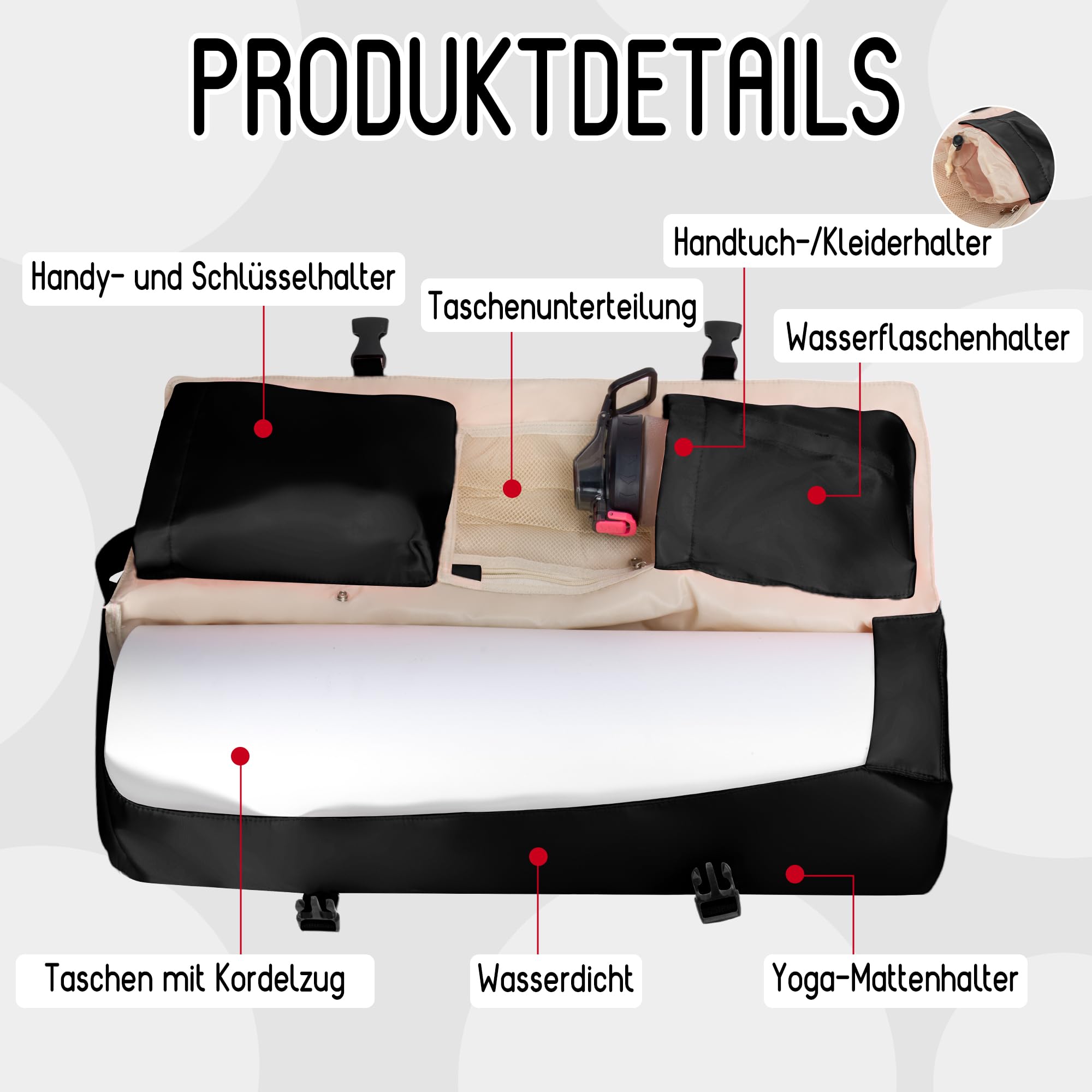 Wasserdichte Yogatasche für Damen mit Nassfach Flaschenhalter Durchgehendem Verstellbarer Schultergurt, Robuste Geräumige Tragetasche Taschen für Pilate Sport Gymnastik Yogamatte