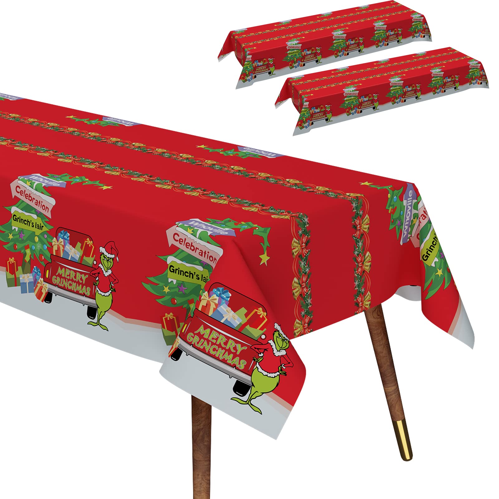 Christmas Tablecloths, Large Rectangular Disposable Tablecloth 52 by 110inch Premium Table Green and Red Plastic Tablecloth for Christmas Decoration