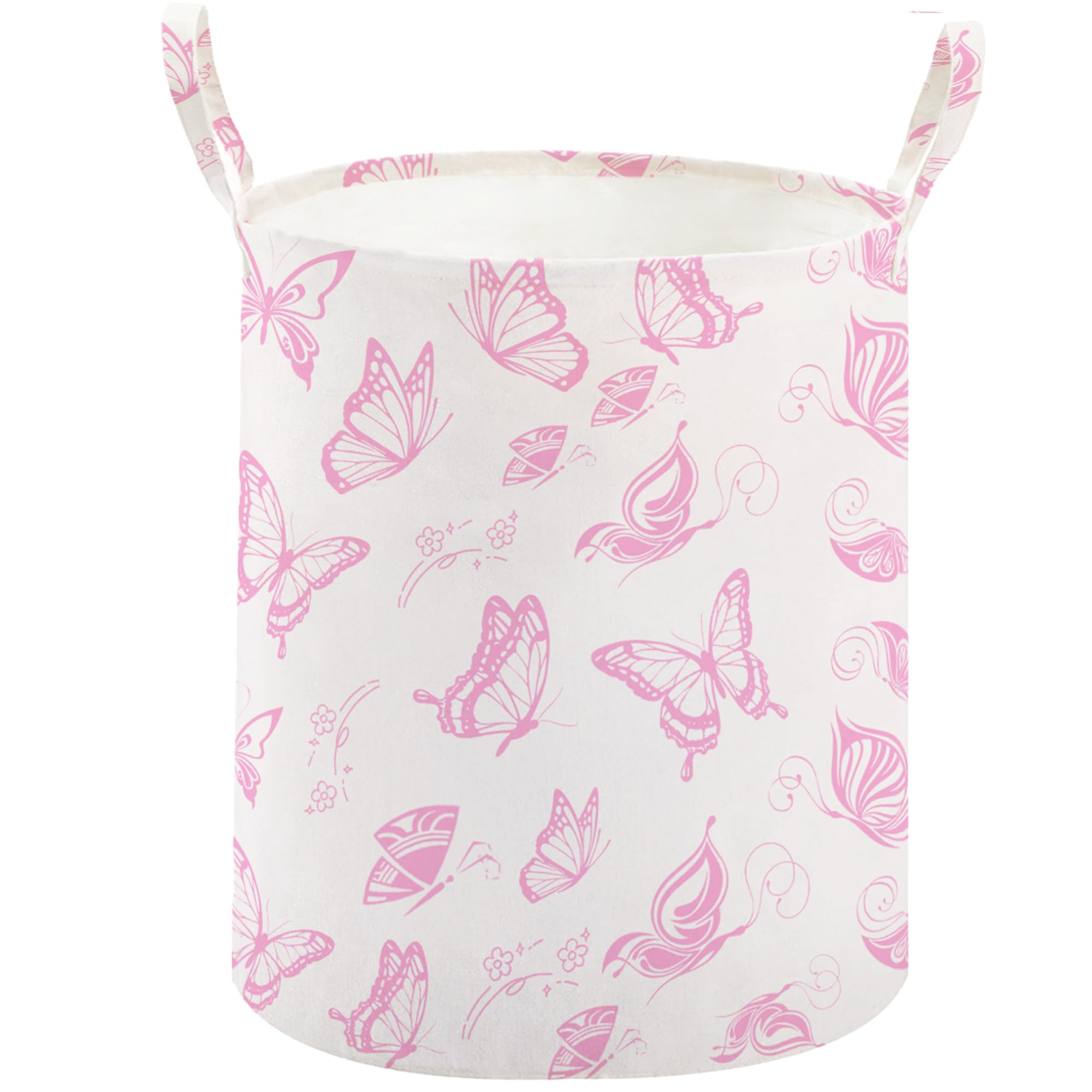 Baby Laundry Basket Nursery Hamper with Long Handles, Pink Butterfly