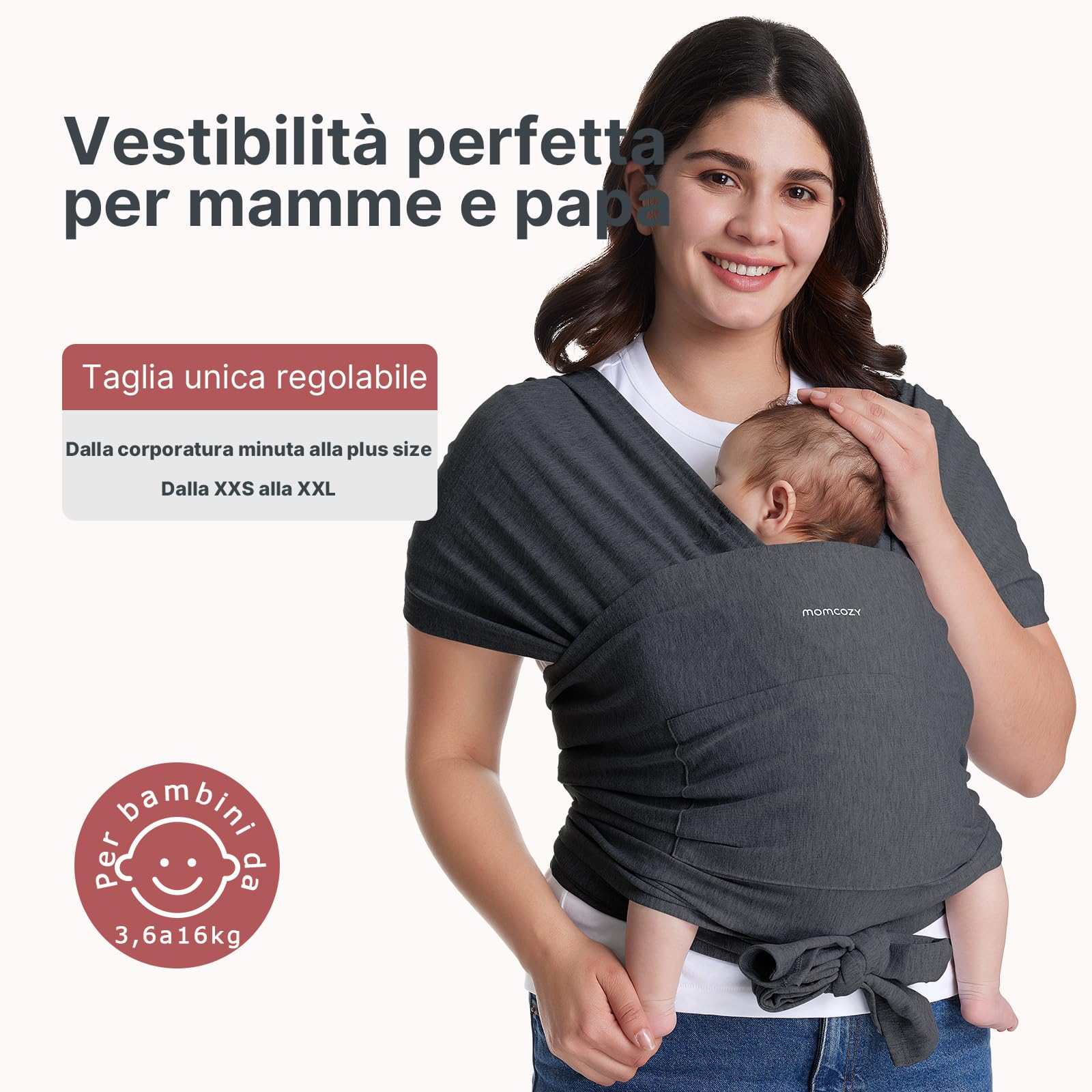 Momcozy Fascia per neonati – Anello facile da indossare – Fascia per il trasporto traspirante per mani libere – Marsupio regolabile da 3,6 kg a 15 kg (nero-grigio)