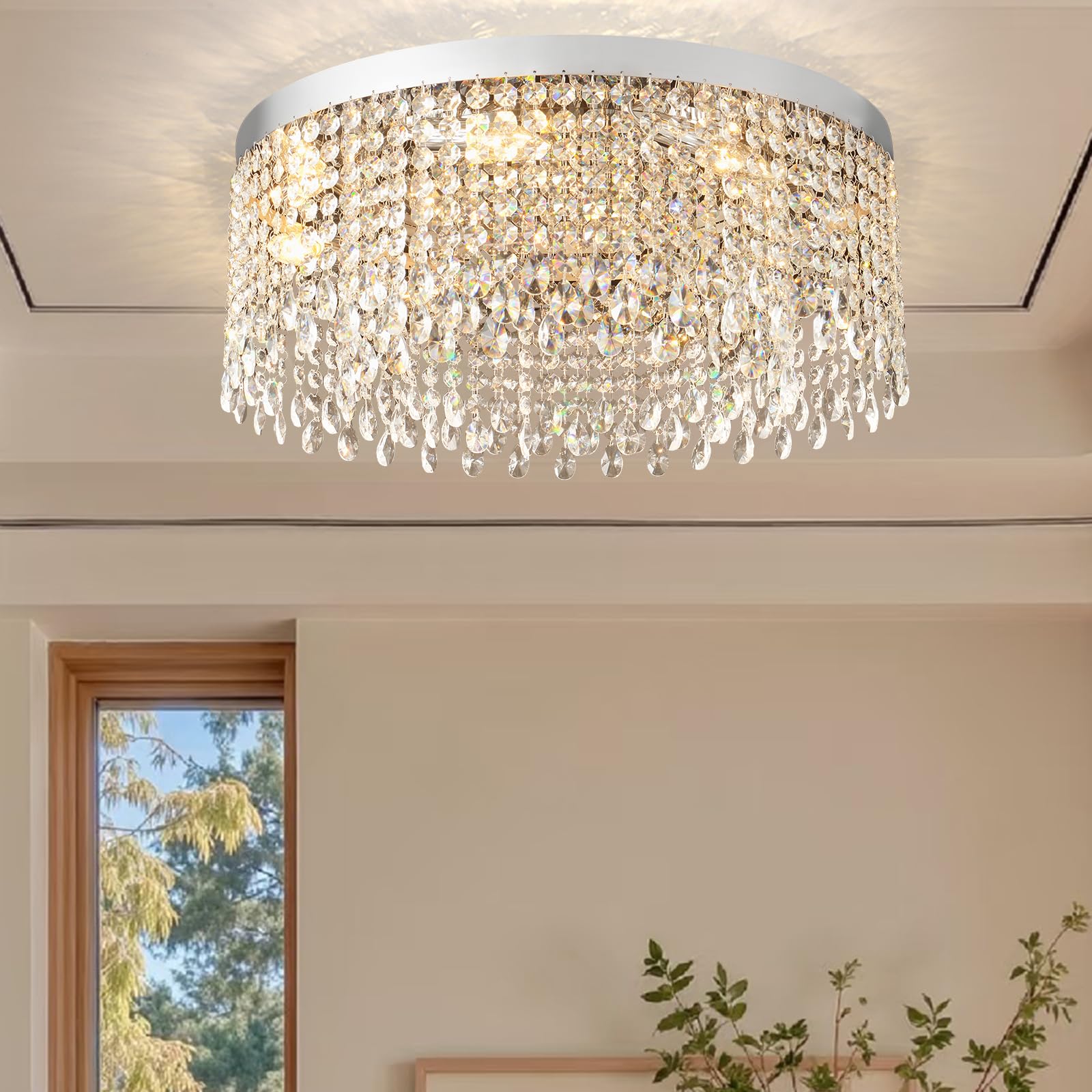 Axamate Modern Crystal Chandelier 20 inch Round Raindrop Crystal Chandeliers Flush Mount Chandelier Chrome Silver Ceiling Light Fixture for Living