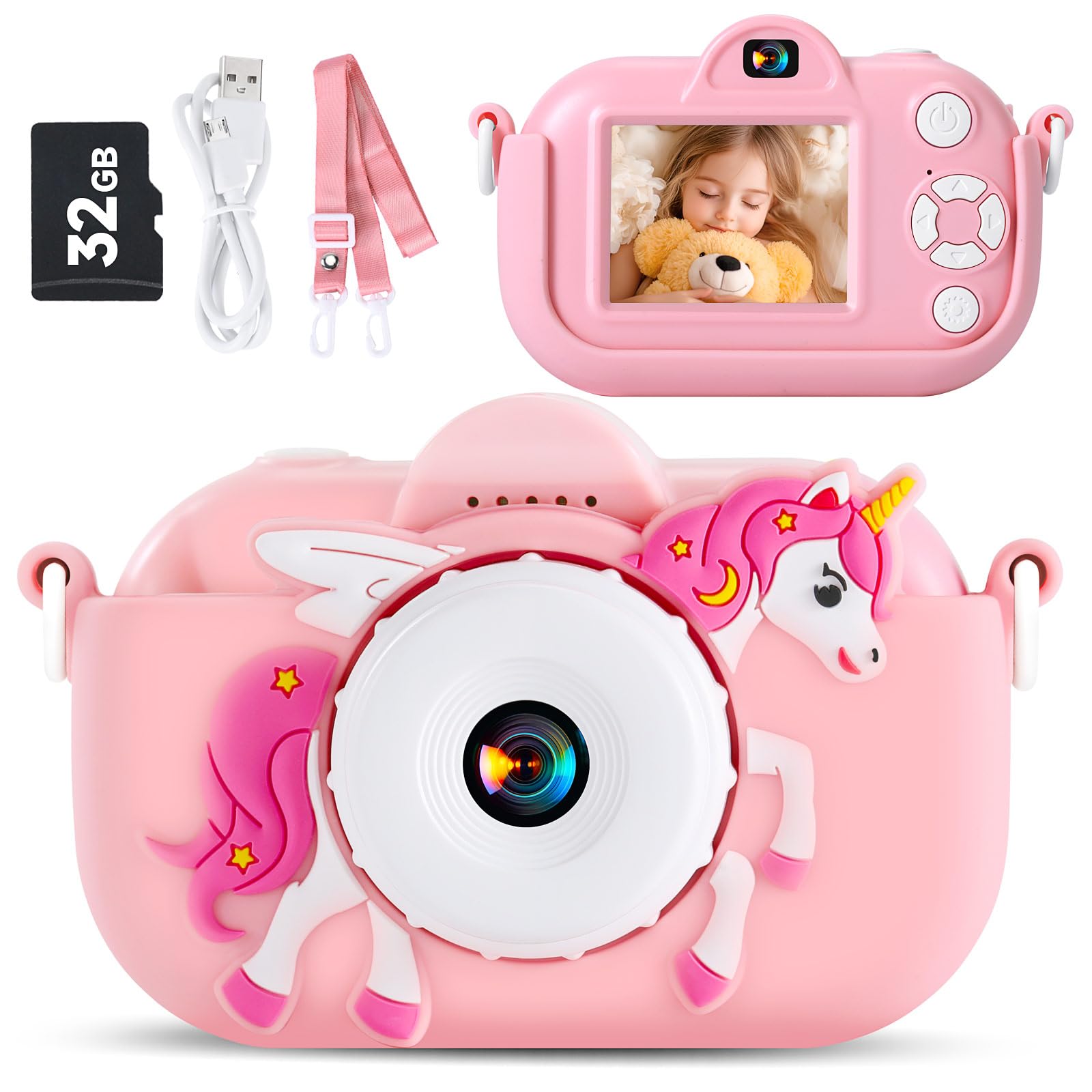 Kids Camera Digital Camera for Girls Age 3-8, 1080P Toddler Camera for Kids with 32GB SD Card, Toddler Girls Toys Age 6-8, Kid Toys for Ages 5-7