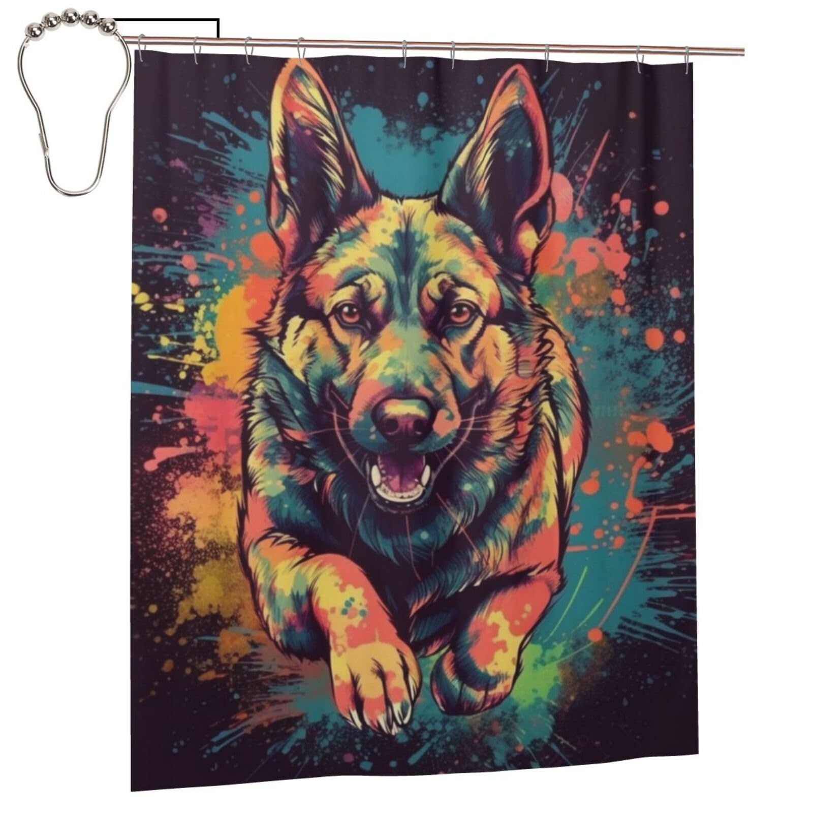 Germshepherd - Cortina de ducha con estampado de correr de 152 x 183 cm, cortina de ducha de tela de poliéster impermeable, decoración de bañera con 12 ganchos, secado rápido, lavable