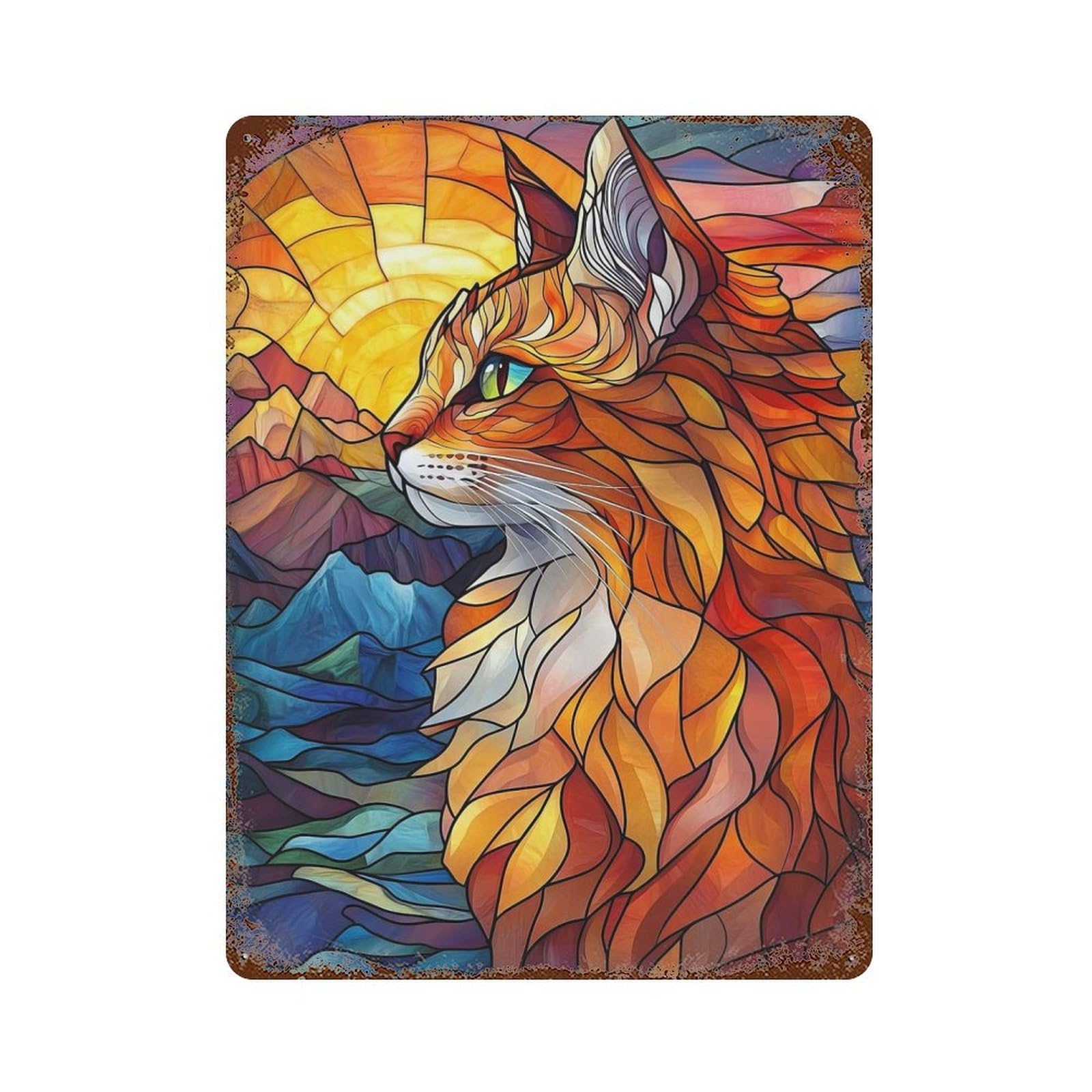 Stained Glass Cat 15.7"x11.8" Aged Metal Wall Plaque, Novelty Wall Decor for Shed, Workshop And Garage Wall Decor