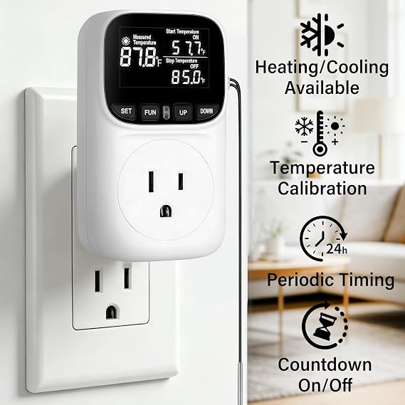 Digital Temperature Controller,15 Amp/1800 Watt Thermostat Socket Plug