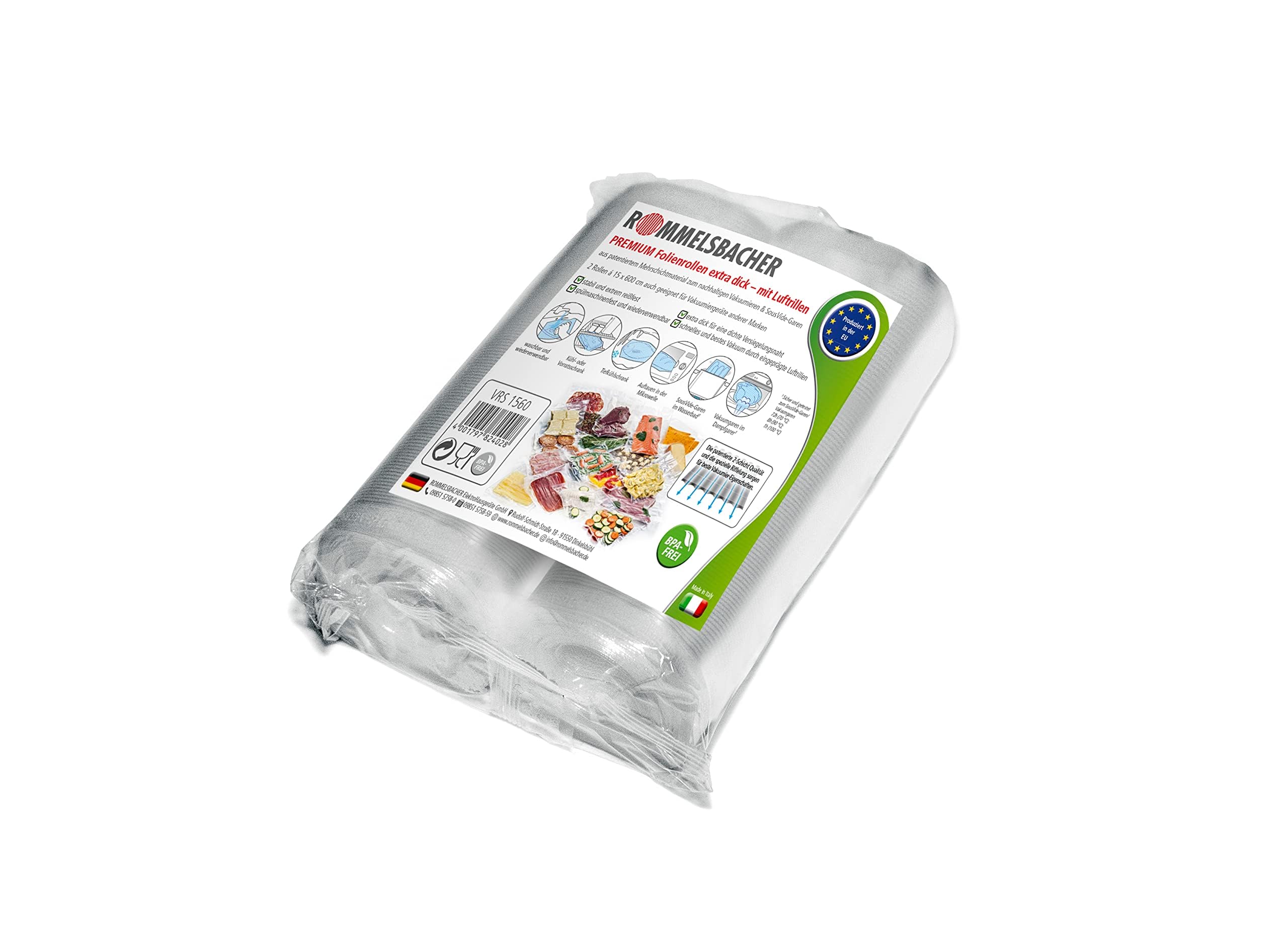ROMMELSBACHER VRS 1560 Profi Folienrollen 15 x 600cm, 2 Rollen, BPA-frei, extrem stark & reißfest 210μm, eingeprägte Luftrillen, wiederverwendbar, Sous Vide, Made in Europe, für alle Balkenvakuumierer