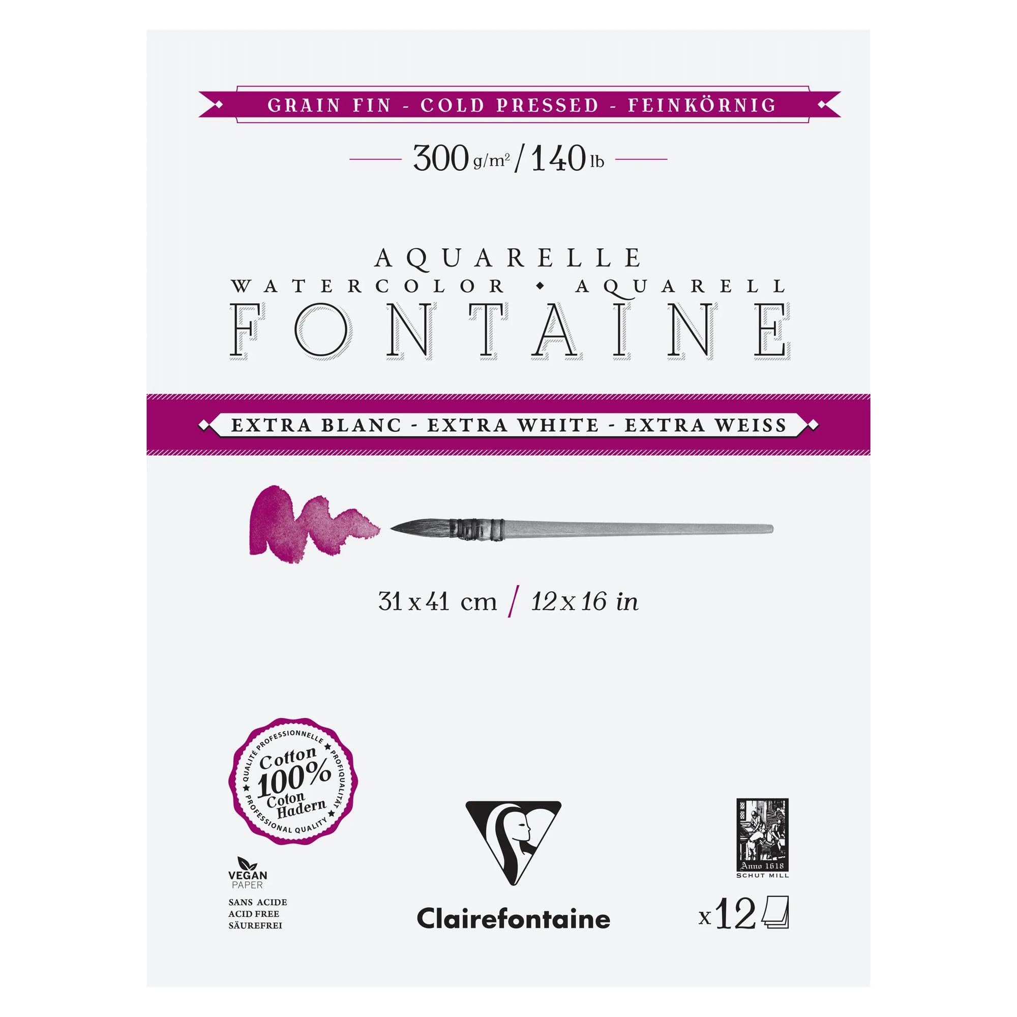 Clairefontaine 976042C Fontaine White 4-Sided Glued Pad - 12 Sheets of Extra White 100% Cotton Fine Grain Watercolour Paper - Professional Quality 31x41cm 300g