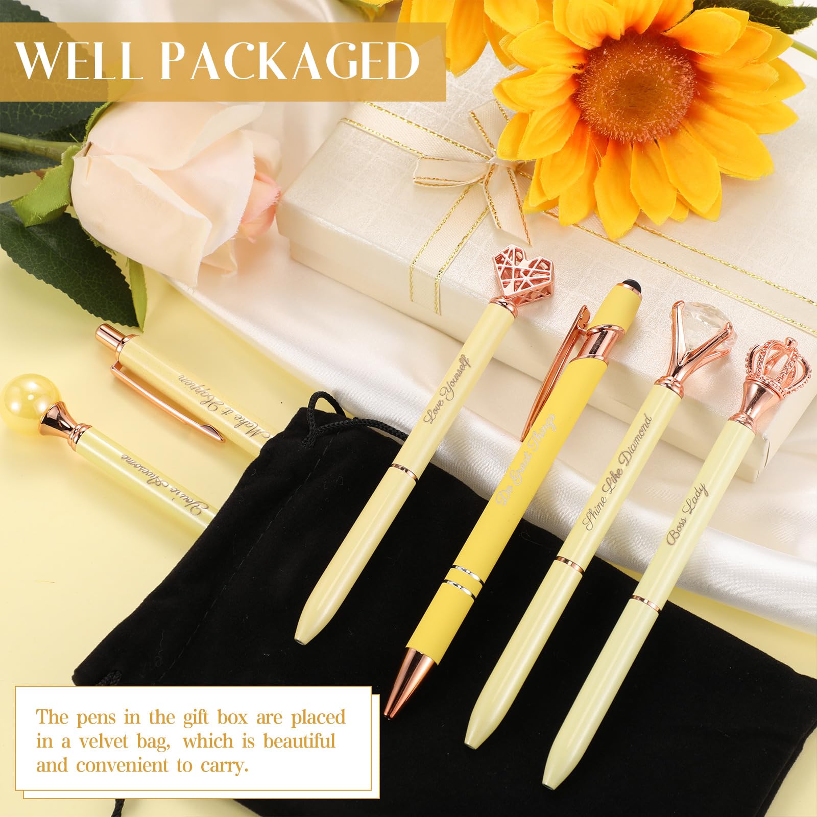Qeeenar 6 Pcs Fancy Pens for Women Crystal Diamond Pen for Journaling Pretty Glitter Ballpoint with Box Inspirational Gifts for Women Girls College Students Cute Back to School Gifts(Yellow)