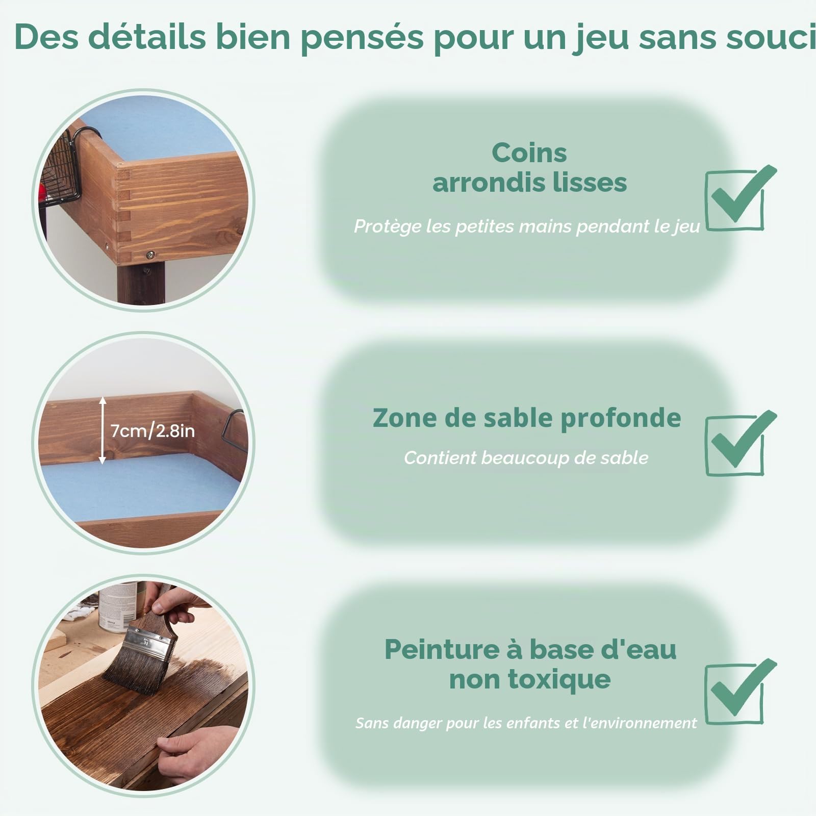 WOODENFUN Cuisine de boue pour enfants, bac à sable d'extérieur avec accessoires décoratifs en bois, évier, seau, pelles à sable, fourchettes, bac à sable pour jardin, jouets de plage, table de jeux