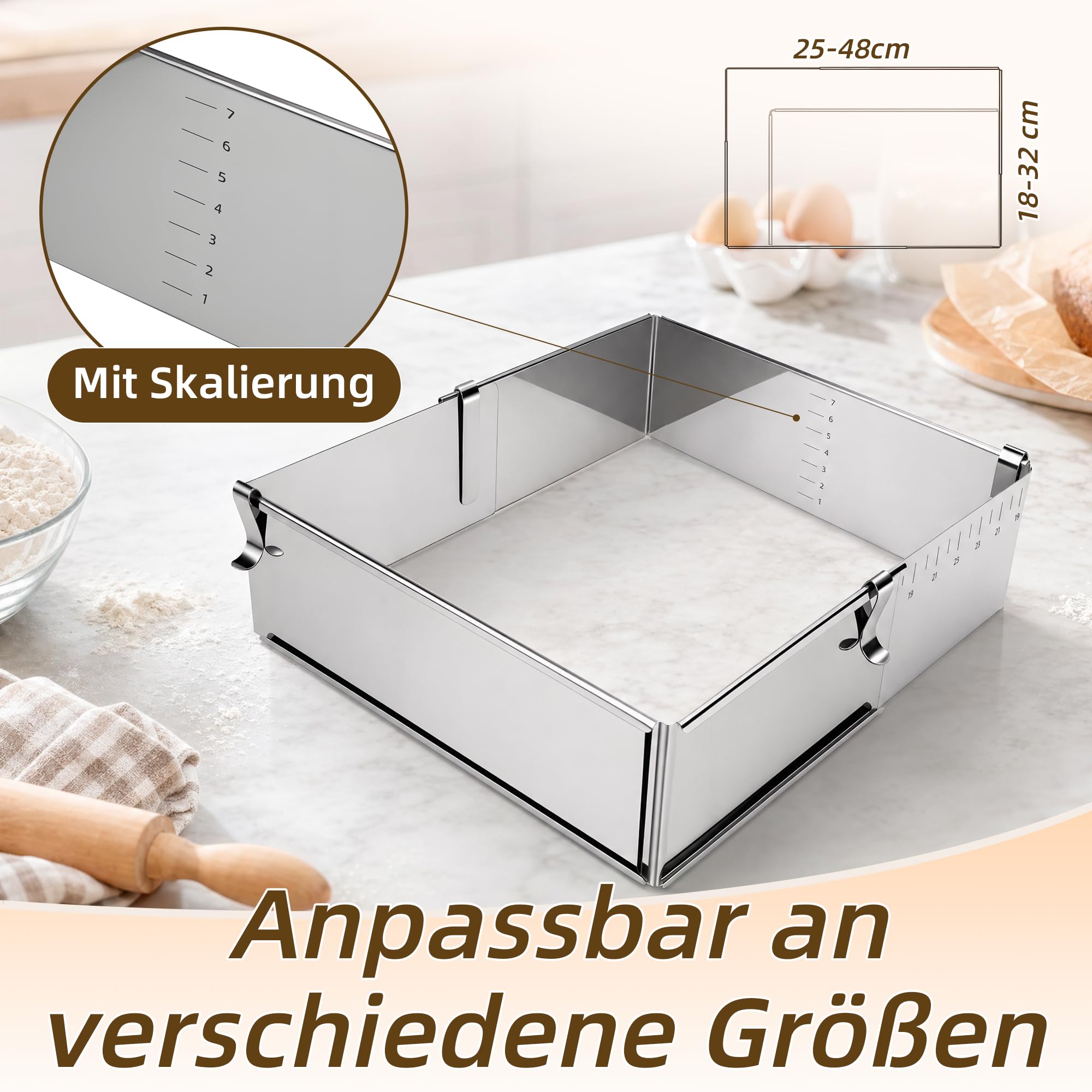 ICARE Backrahmen rechteckig verstellbar 8 cm hohe - Edelstahl Backform | Kuchenform eckig mit 4 Klammer für Schichttorten, Torten & Desserts – Zerlegbarer Tortenring eckig zum Backen