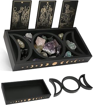 Mooncraftlogy Crystal Tray for Stones, Triple Moon Gemstone Holder Box, 3 Tarot Card Stand for Affirmation Cards, Wicca Display, Detachable Rocks, Essential Oil Organizer, Witch Altar Gift Black