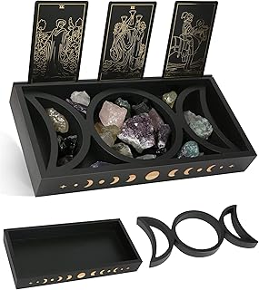 Crystal Display Moon Tray Tarot Card Holder Stand, Wiccan Decor & Witchy Accessories & Pagan Altar Supplies, Black Wooden Storage Organizer Box for Rocks Healing Stones Jewelry Home Decorative
