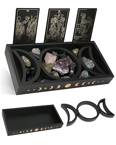 Crystal Tray for Stones, Triple Moon Gemstone Holder Box, 3 Tarot Card Stand for Affirmation Cards, Wicca Display, Detachable Rocks, Essential Oil Organizer, Witch Altar Gift (Black) - Black