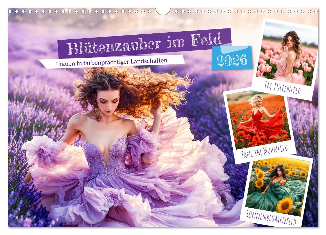 Flower magic in the field - women in colorful landscapes UK-Version (Wall Calendar 2026 DIN A3 Landscape), CALVENDO 12 Month Wall Calendar โ image 1